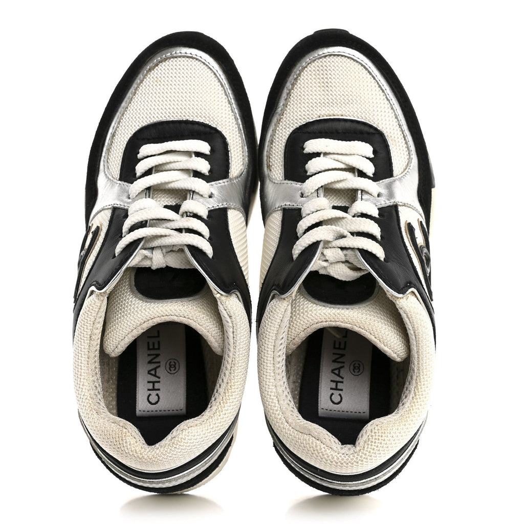 MESH SUEDE CALFSKIN GRAINED CALFSKIN WOMENS CC SNEAKERS BLACK WHITE SILVER