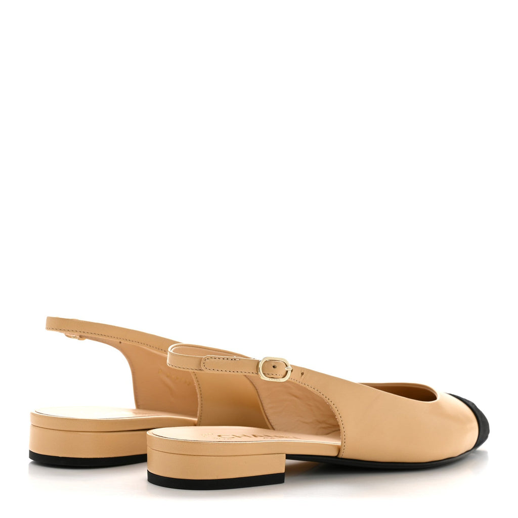 GOATSKIN GROSGRAIN POINTED TOE CC SLINGBACK FLATS BEIGE BLACK