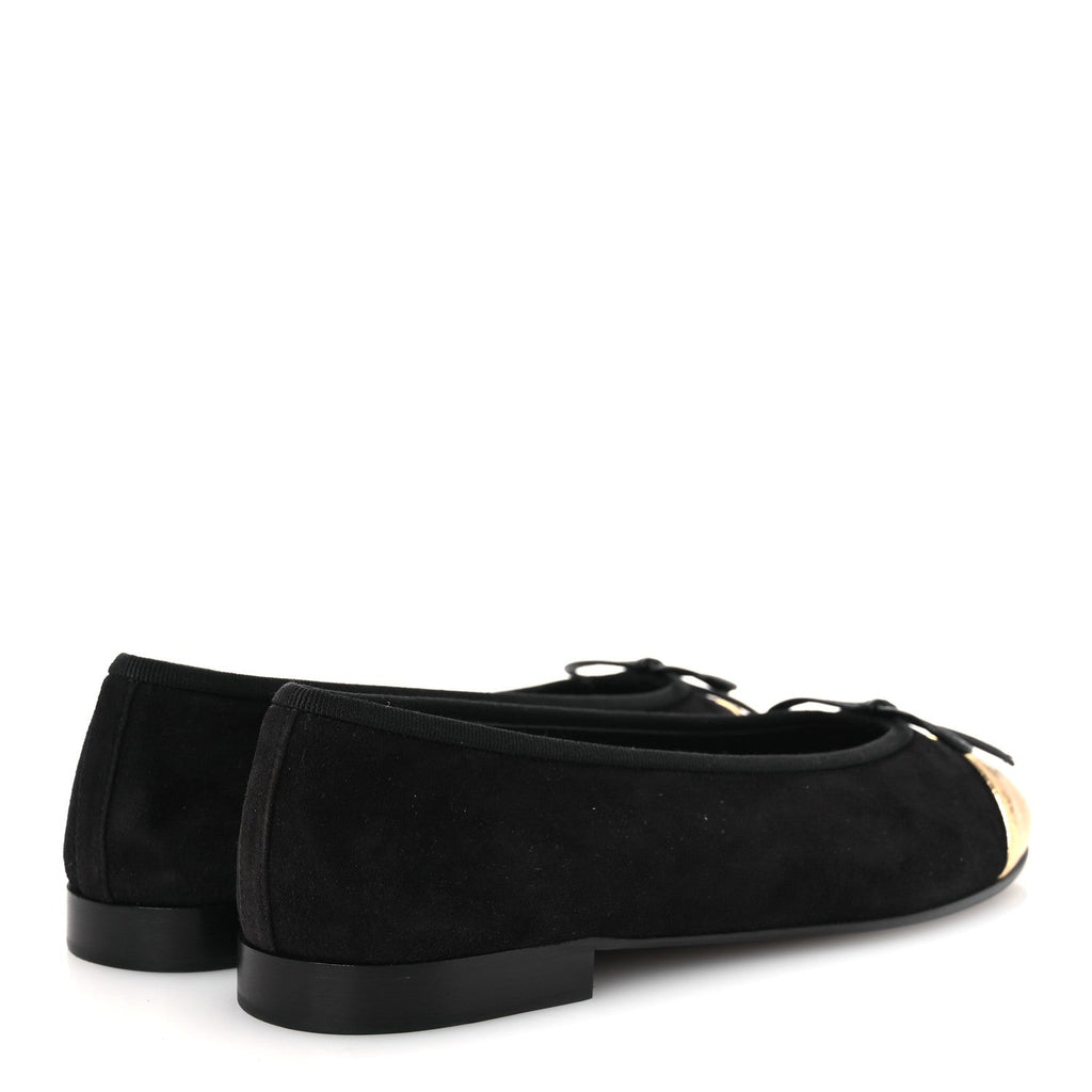 SUEDE CRACKLED LAMINATED CALFSKIN CAP TOE BALLERINA FLATS BLACK GOLD