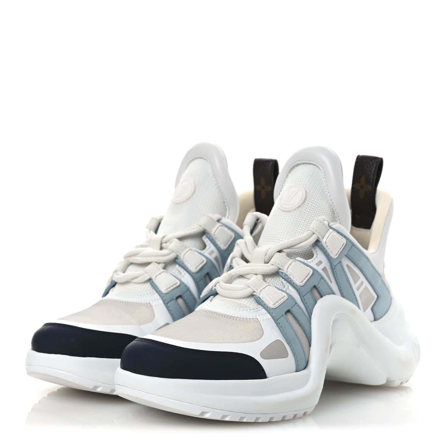 CALFSKIN TECHNICAL NYLON LV ARCHLIGHT SNEAKERS WHITE BLUE GRIS