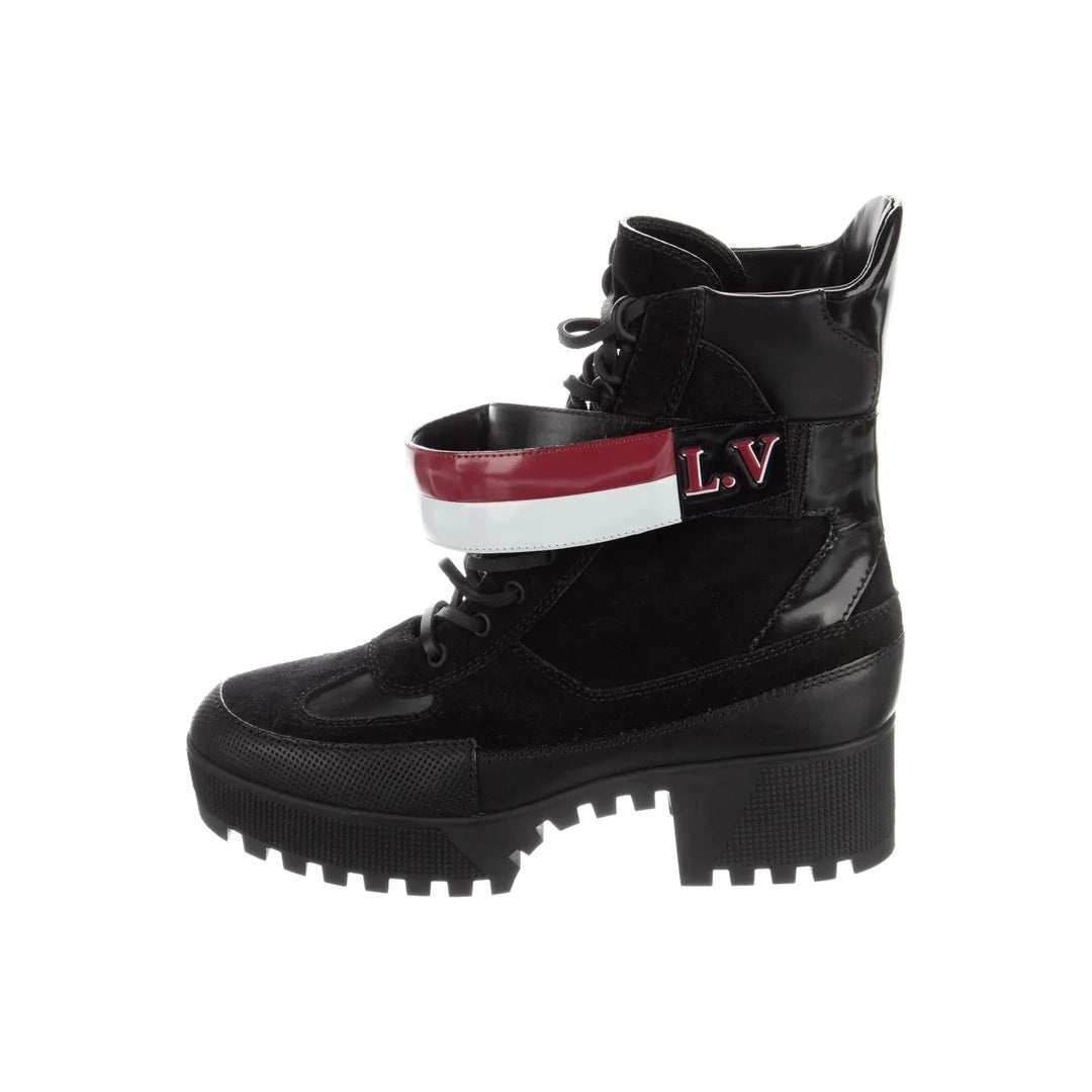 Louis Vuitton Suede Laureate Platform Chelsea Boot - Black with red/white LV strap