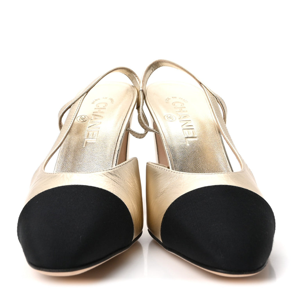 LAMINATED CRUMPLED LAMBSKIN GROSGRAIN CAP TOE CC SLINGBACK PUMPS GOLD BLACK