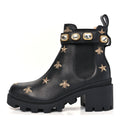 CALFSKIN BEE STAR EMBROIDERED BELT ANKLE BOOTS BLACK