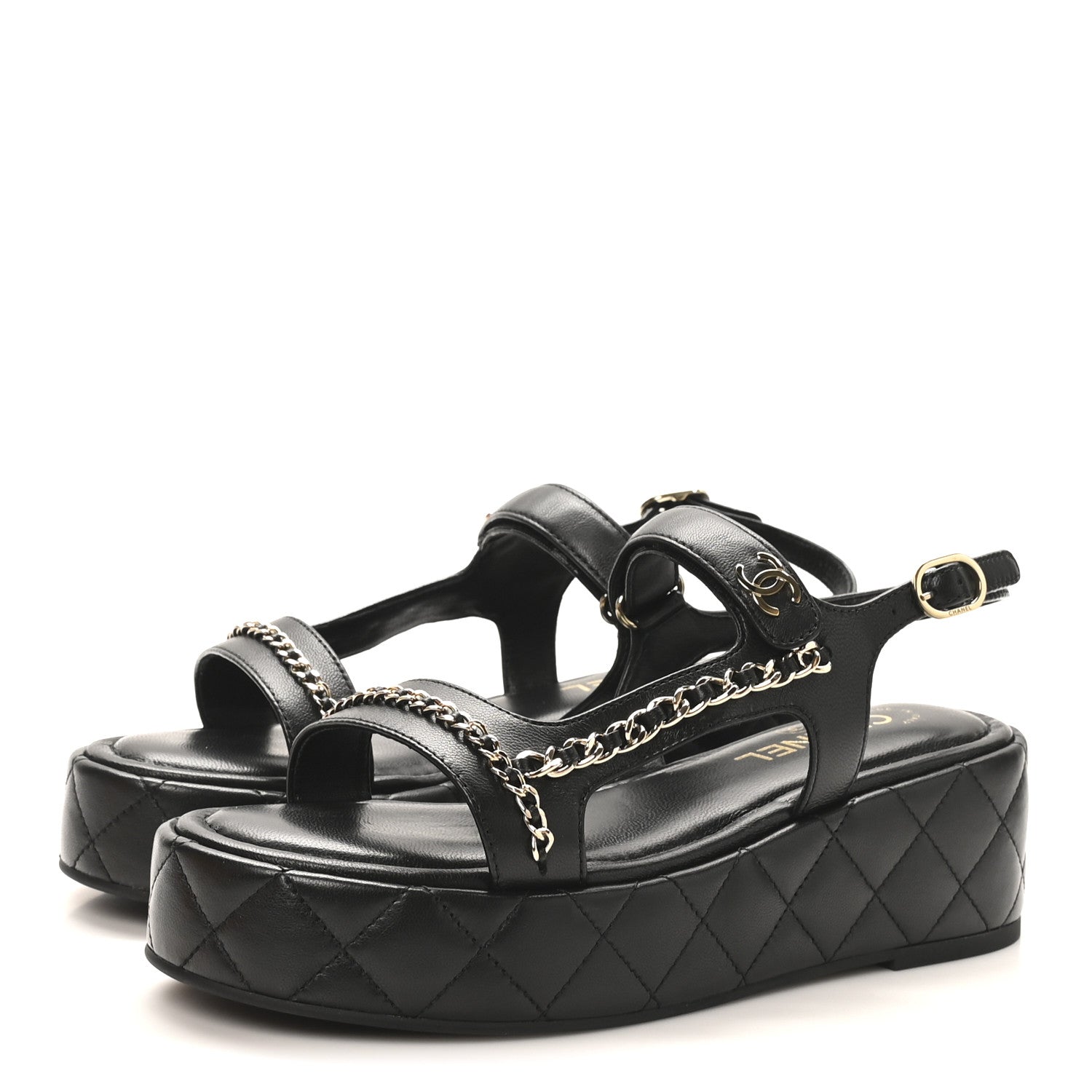 LAMBSKIN QUILTED CHAIN CC PLATFORM SANDALS BLACK