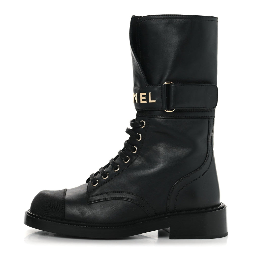 SHINY CALFSKIN GROSGRAIN LACE UP COMBAT BOOTS BLACK