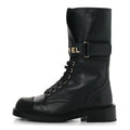 SHINY CALFSKIN GROSGRAIN LACE UP COMBAT BOOTS BLACK