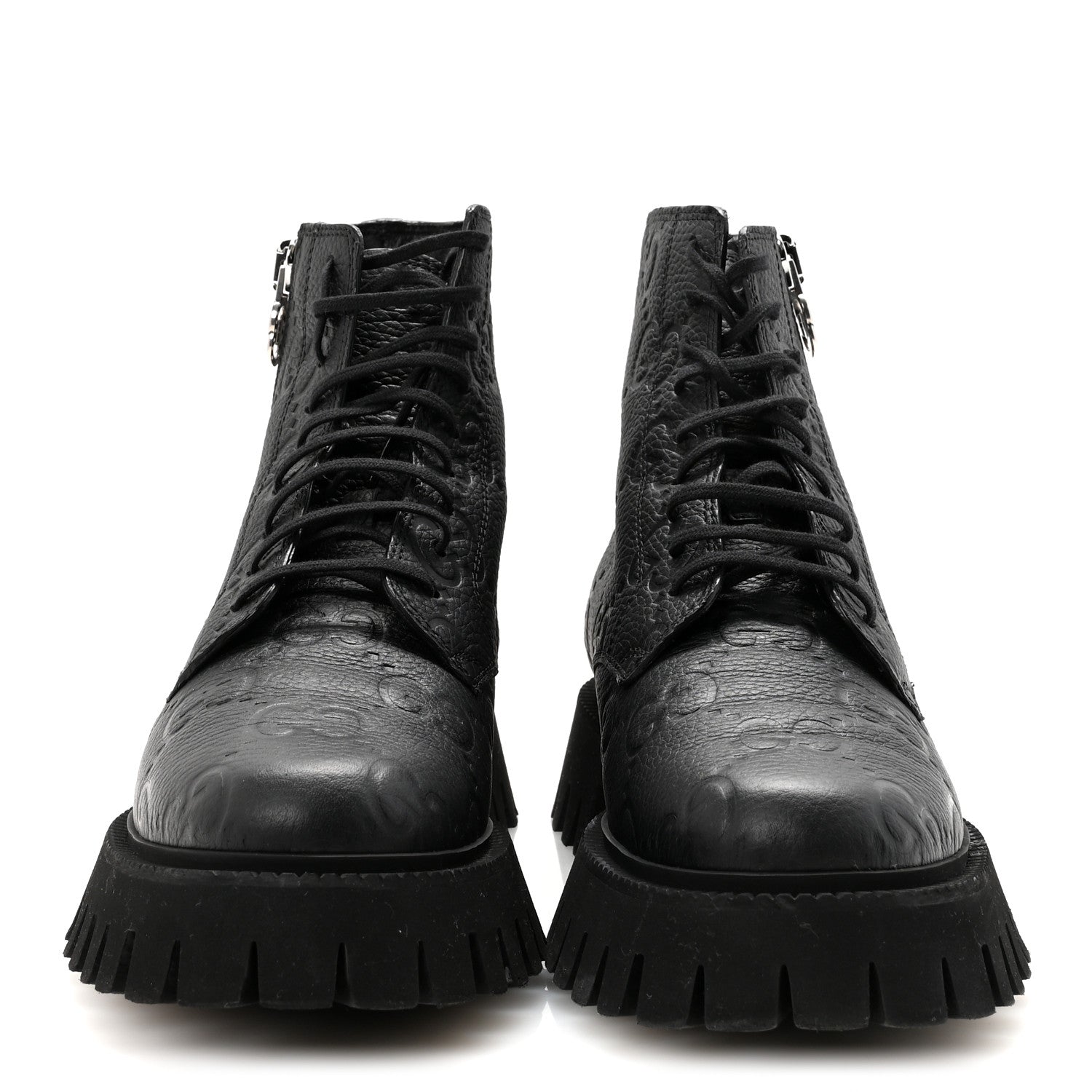 CALFSKIN EMBOSSED MONOGRAM MENS LACE UP ANKLE BOOTS BLACK