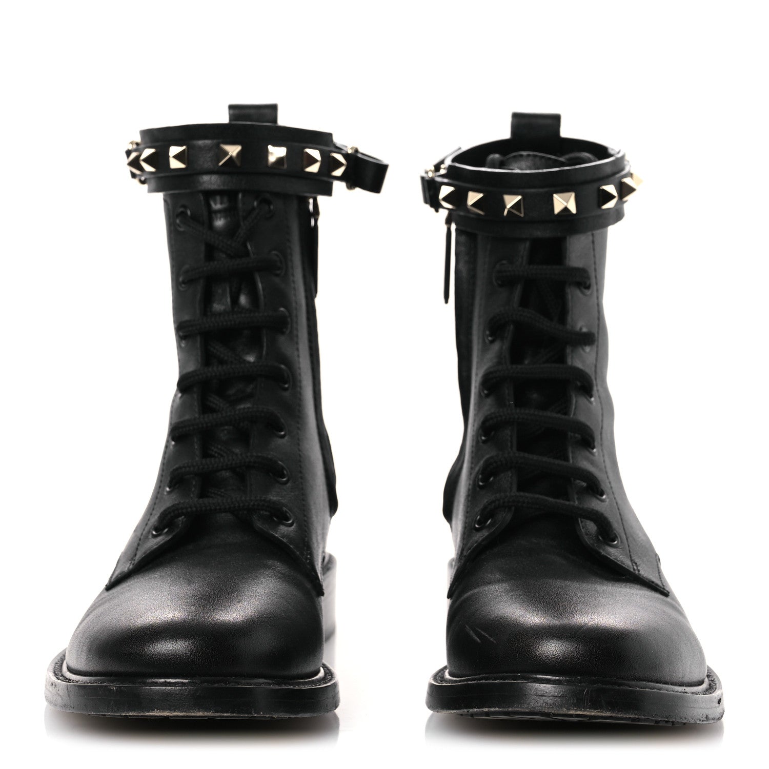 CALFSKIN ROCKSTUD COMBAT ANKLE BOOTS BLACK