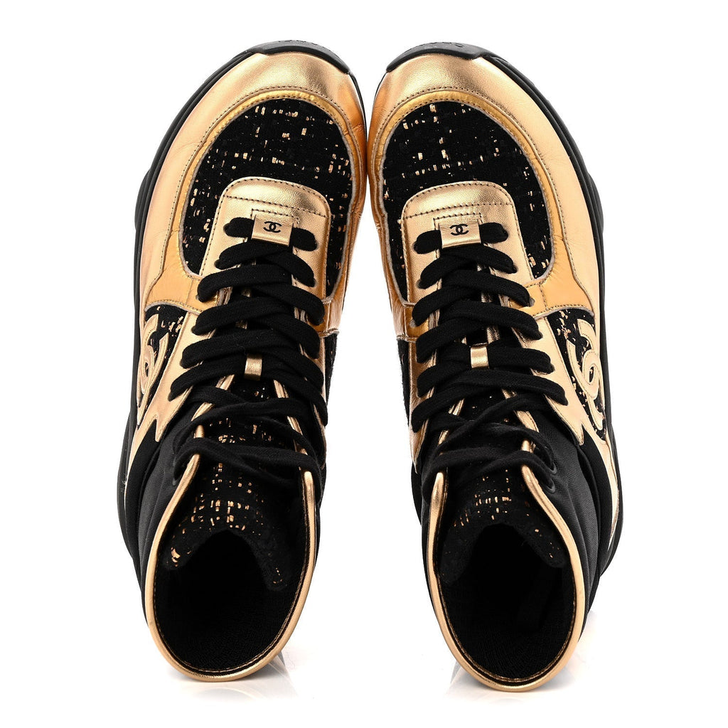 SATIN LAMBSKIN FABRIC TWEED CC HIGH TOP SNEAKERS BLACK GOLD