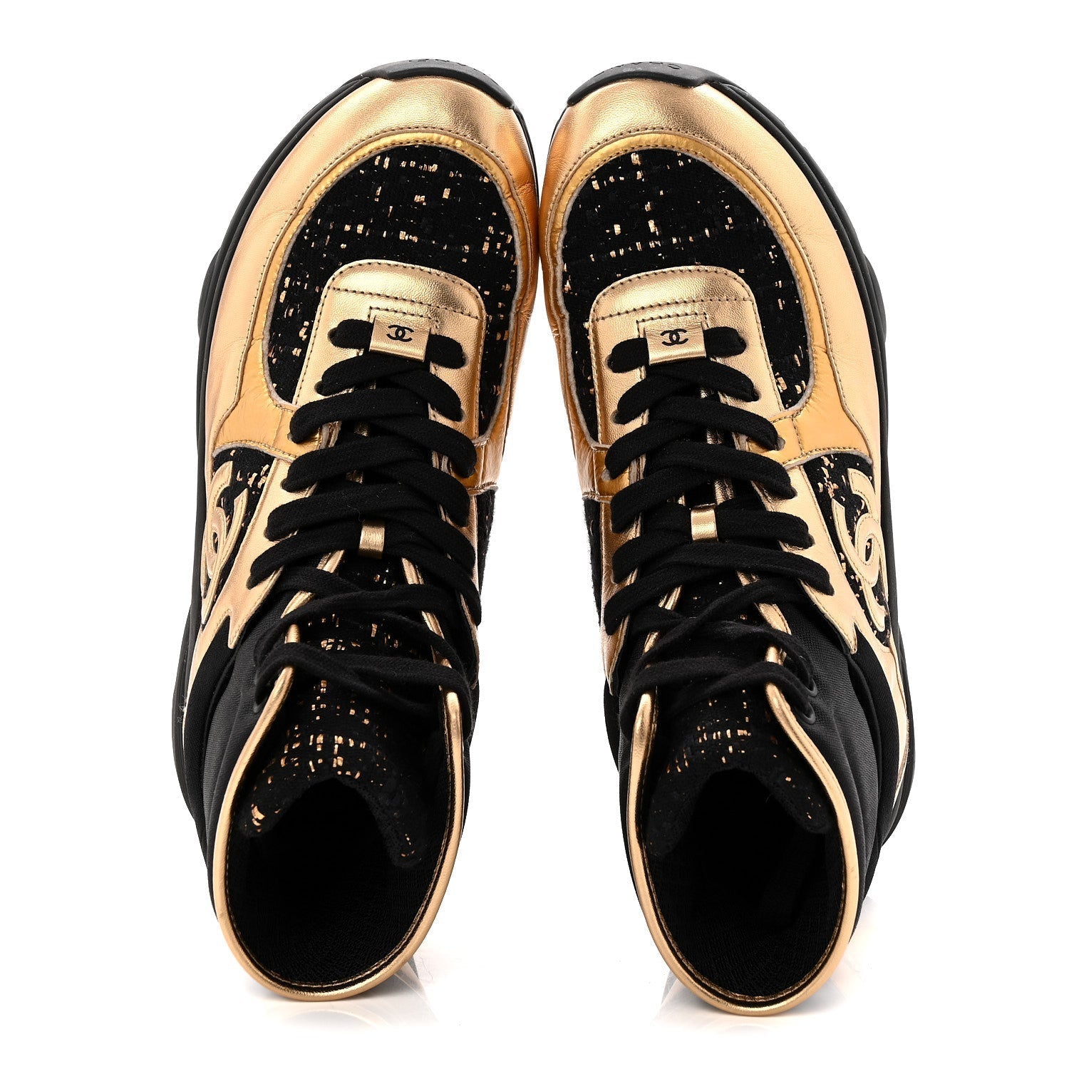 SATIN LAMBSKIN FABRIC TWEED CC HIGH TOP SNEAKERS BLACK GOLD
