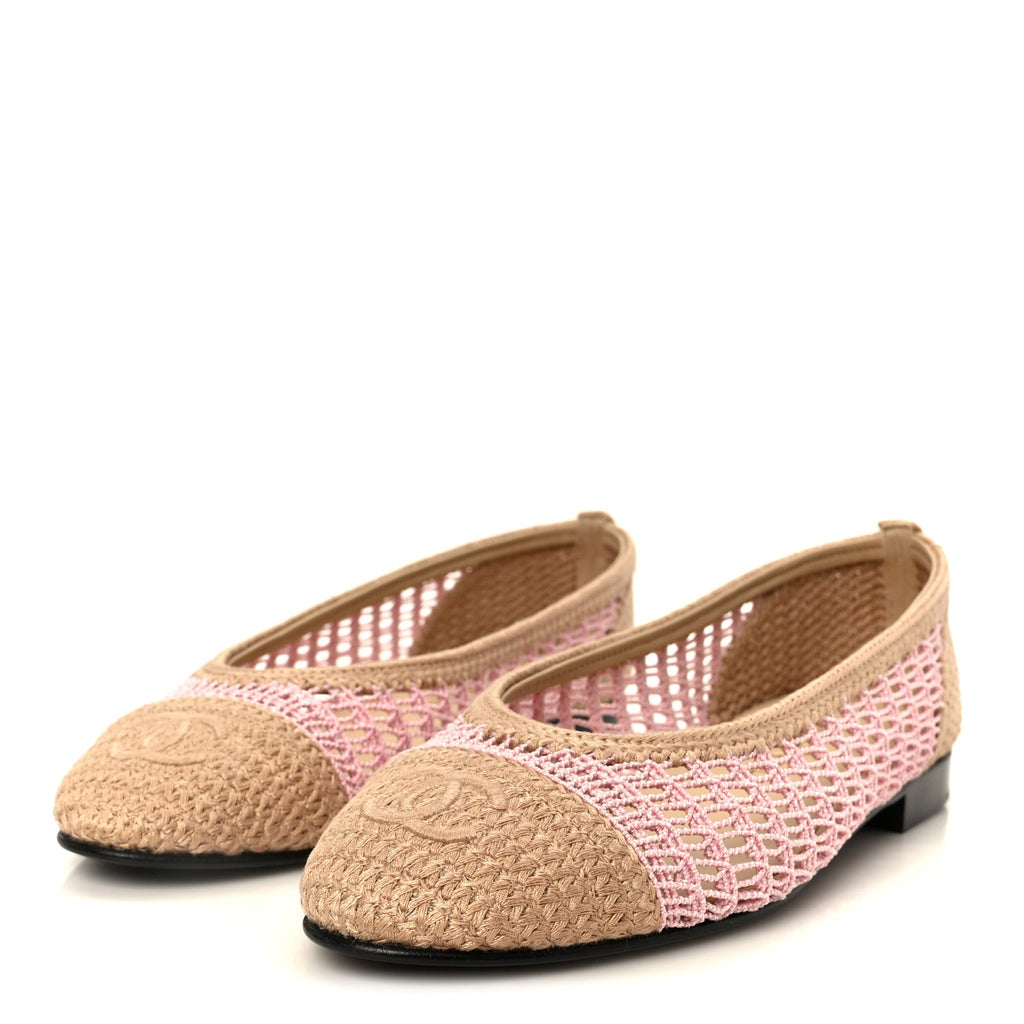 RAFFIA CAP TOE BALLERINA FLATS PINK BEIGE