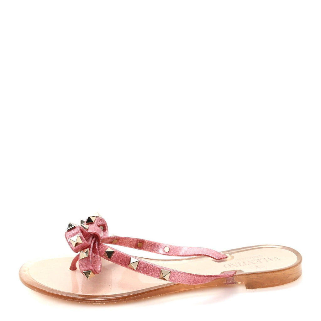 PVC JELLY GLITTER ROCKSTUD BOW THONG SANDALS PINK