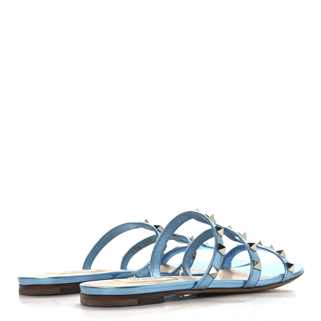 METALLIC NAPPA ROCKSTUD CAGED FLAT SLIDE SANDALS CERULEAN