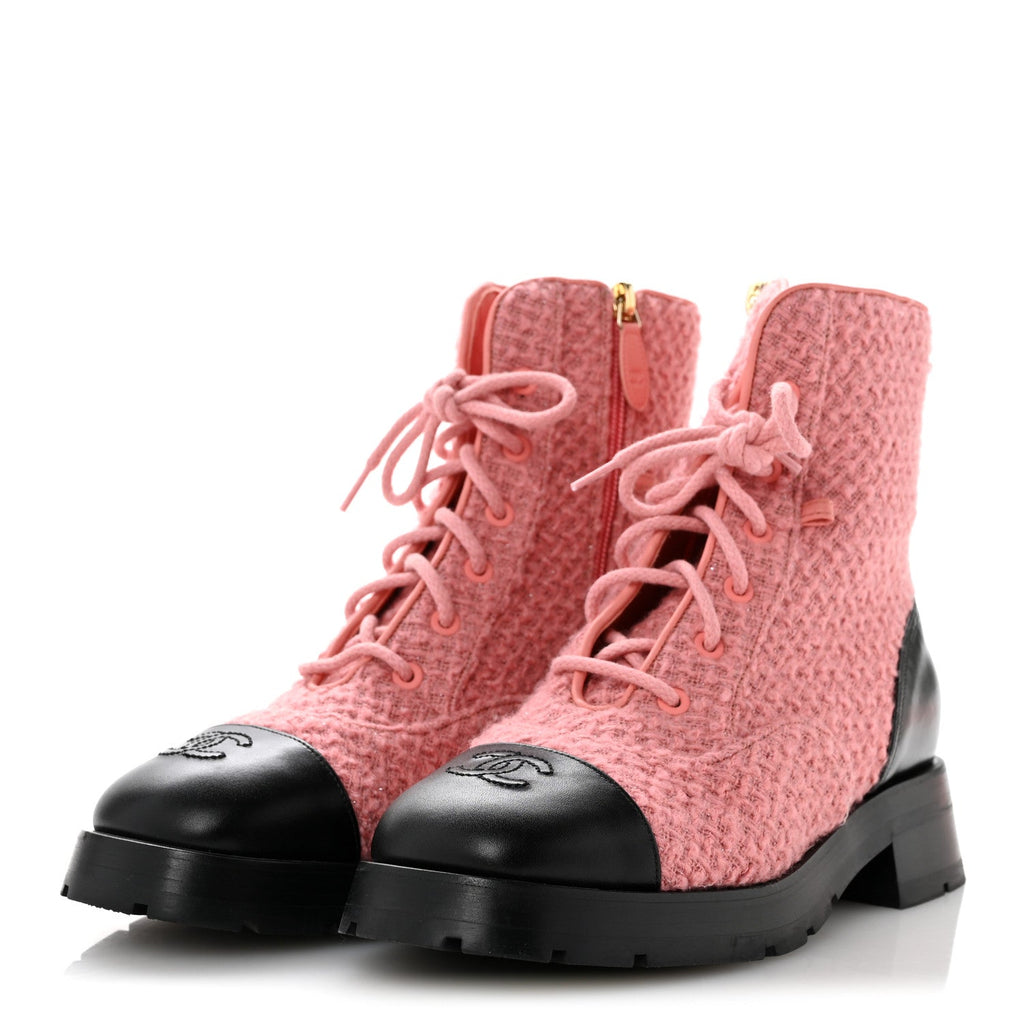 WOOL TWEED CALFSKIN CHAIN LACE UP COMBAT BOOTS PINK BLACK