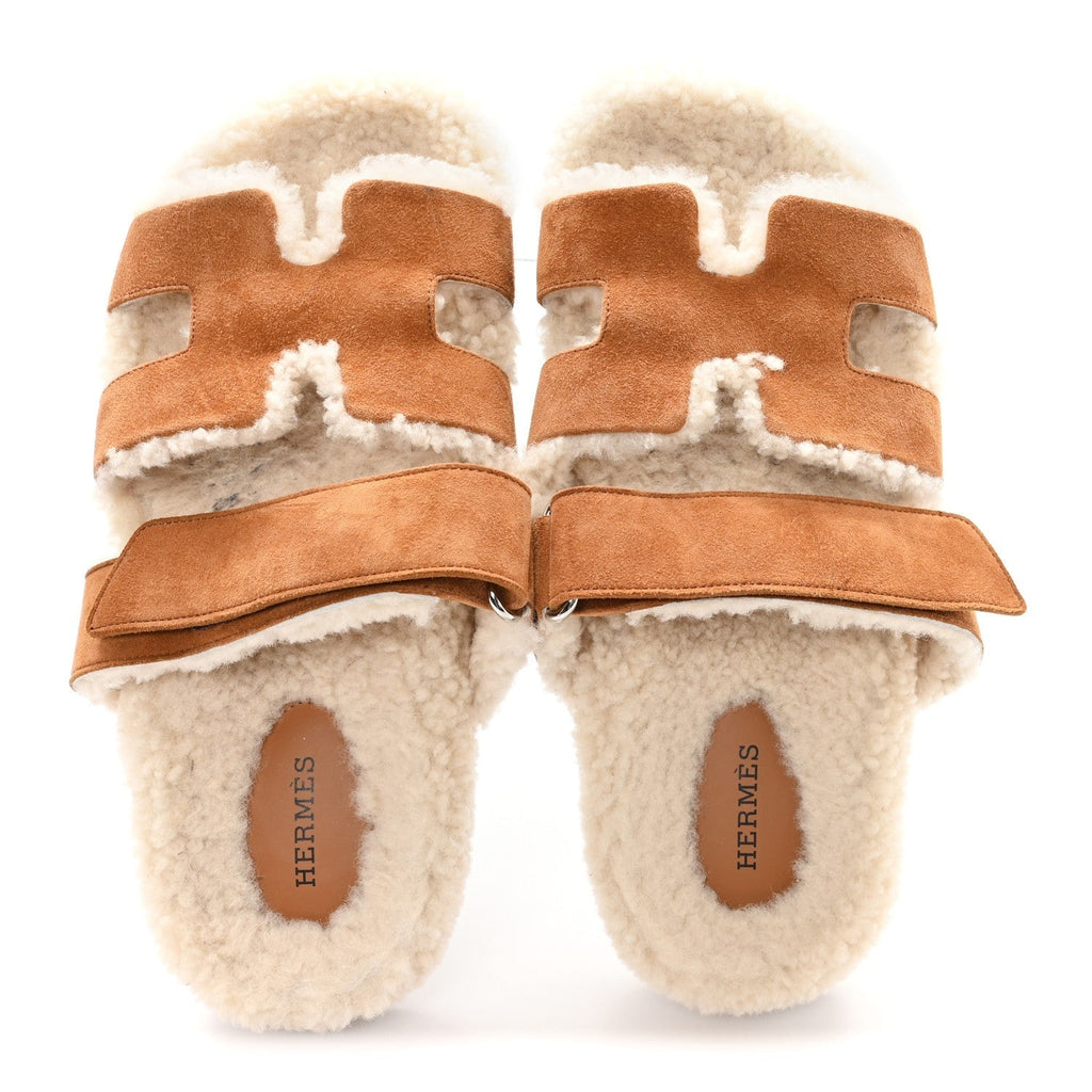 SUEDE GOATSKIN WOOLSKIN WOMENS CHYPRE SANDALS BRUN FUME ECRU