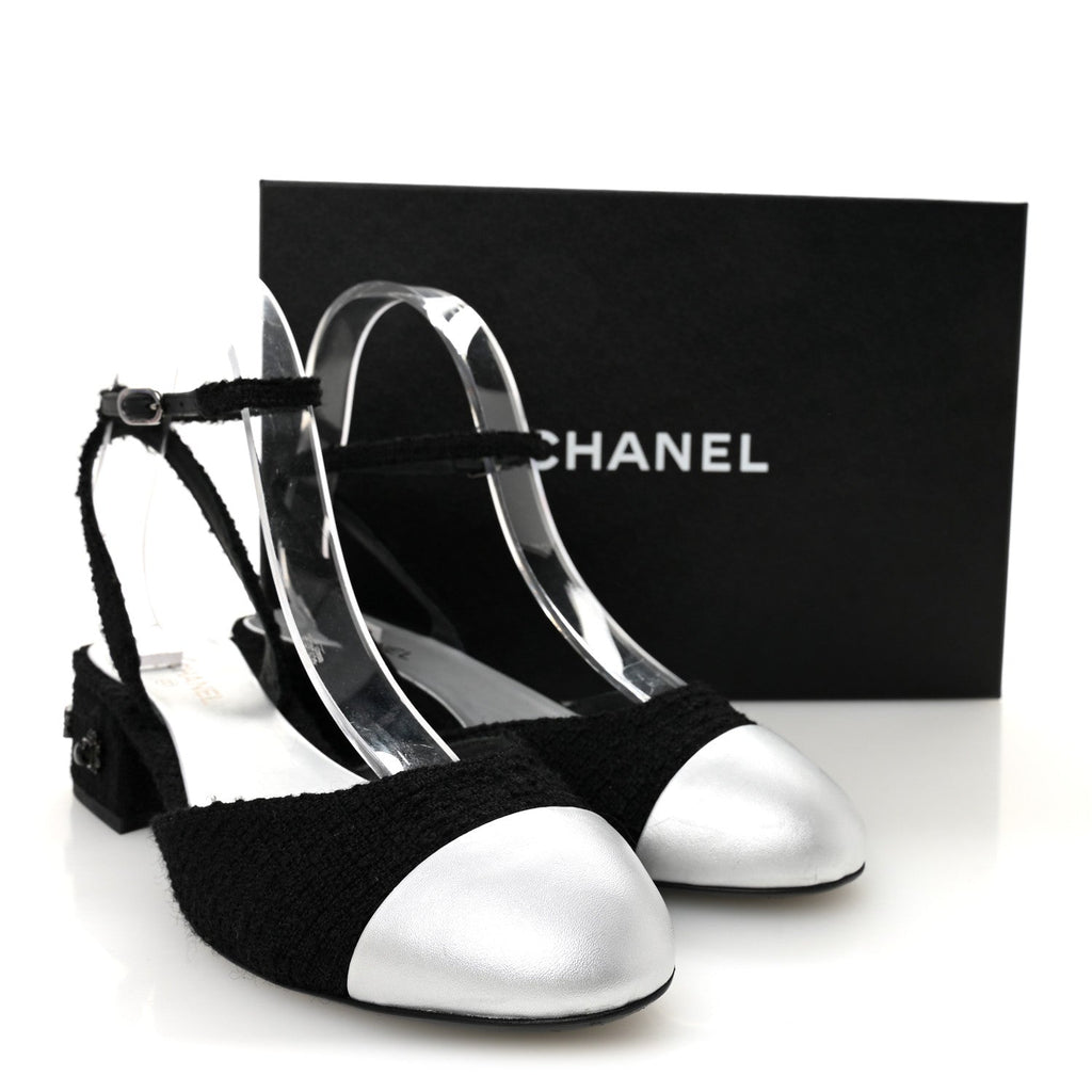 TWEED IRIDESCENT CALFSKIN CAP TOE CC SLINGBACK PUMPS BLACK SILVER