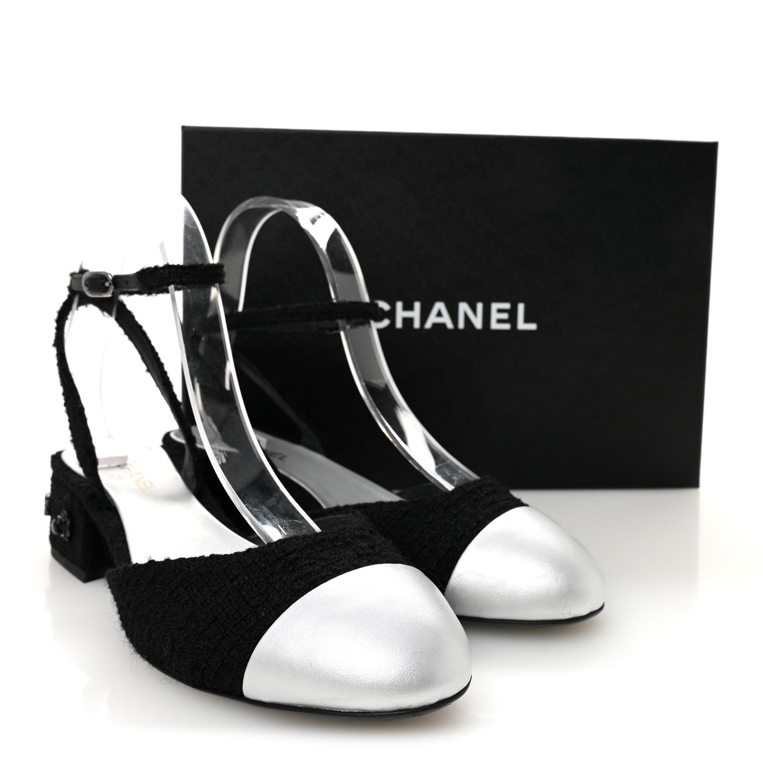 TWEED IRIDESCENT CALFSKIN CAP TOE CC SLINGBACK PUMPS BLACK SILVER