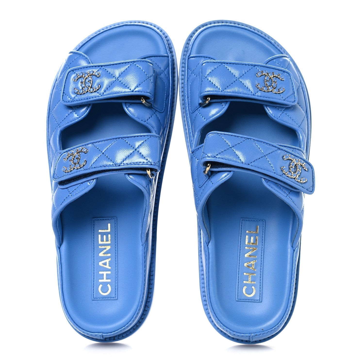 LAMBSKIN QUILTED VELCRO DAD CHAIN CC SLIDE SANDALS BLUE