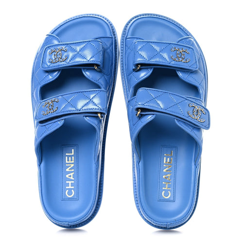 LAMBSKIN QUILTED VELCRO DAD CHAIN CC SLIDE SANDALS BLUE