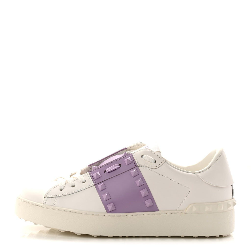 CALFSKIN WOMENS ROCKSTUD OPEN SNEAKERS WHITE PURPLE