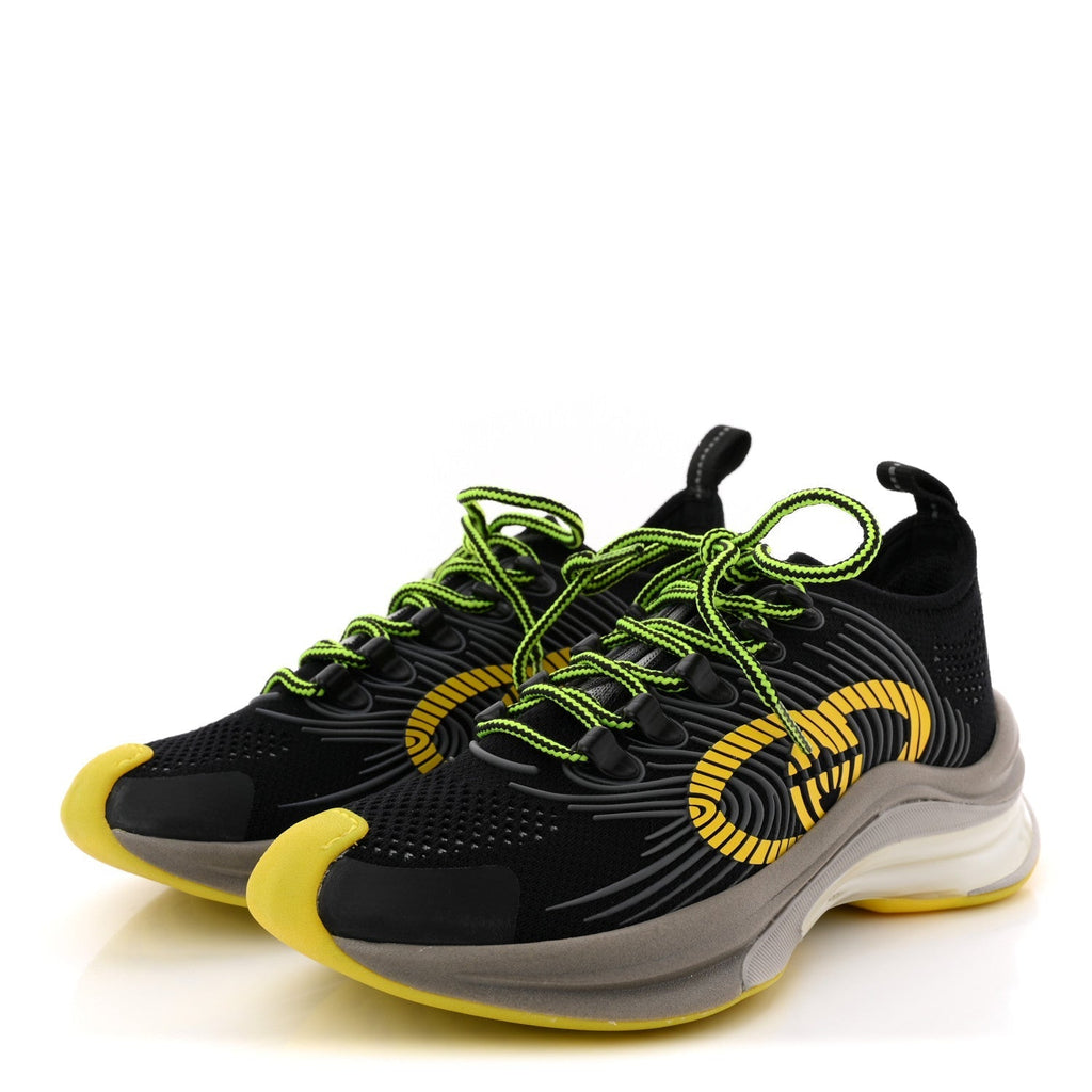 TECHNICAL KNIT FABRIC WAVES WOMENS GUCCI RUN SNEAKERS BLACK SILVER GIALLO NEON YELLOW
