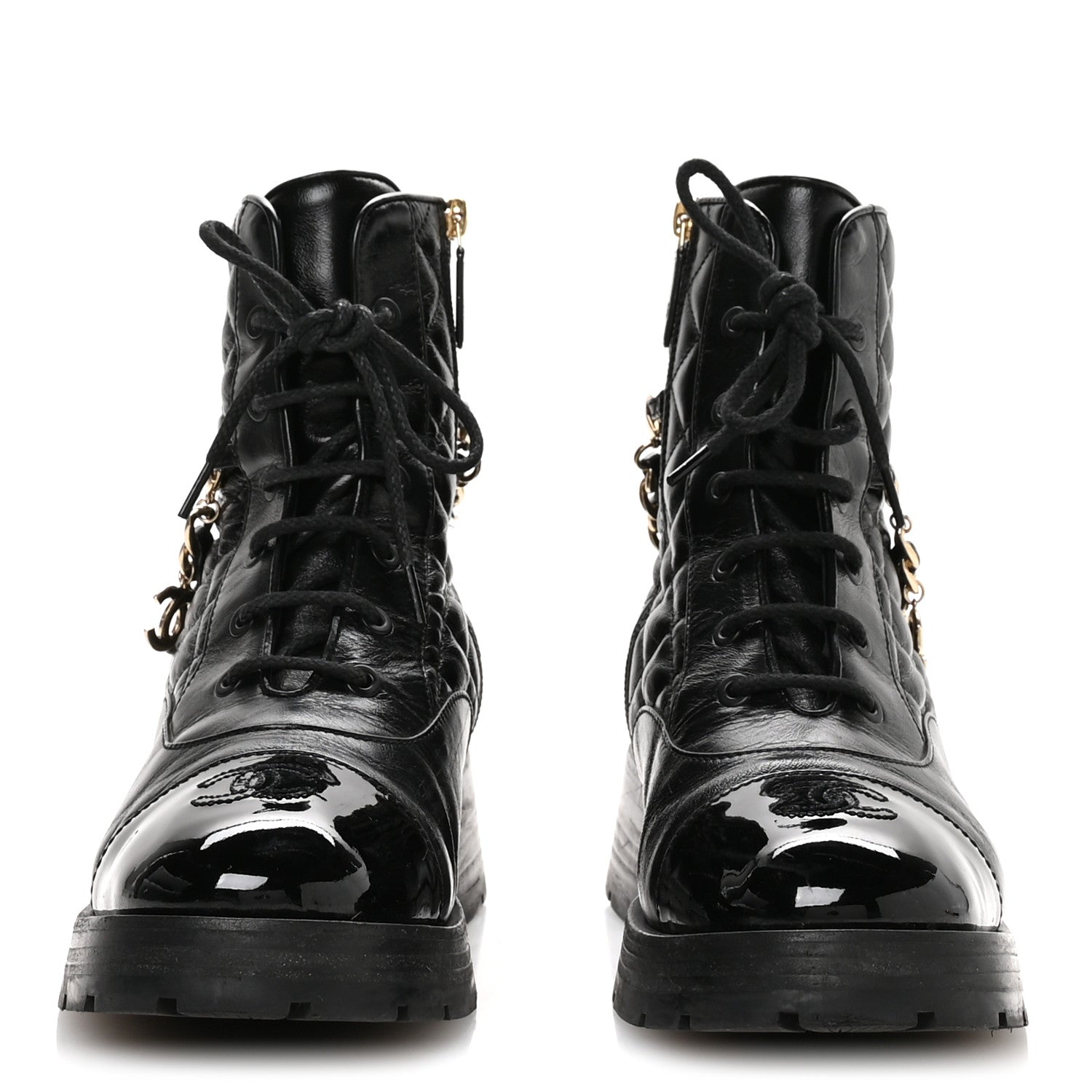 SHINY CALFSKIN PATENT QUILTED CHAIN LACE UP COMBAT BOOTS BLACK