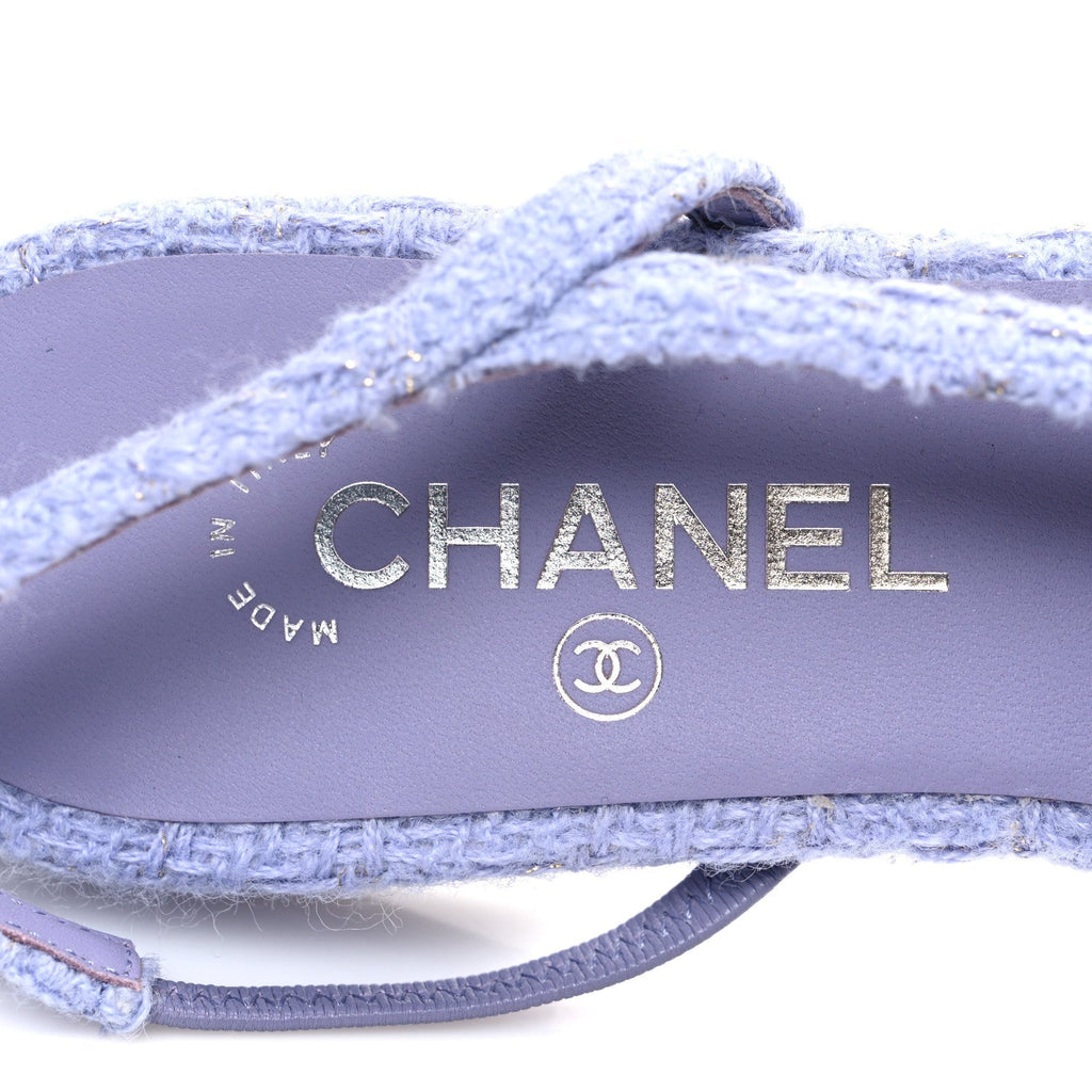 IRIDESCENT WOOL TWEED PATENT CAP TOE CC SLINGBACK FLATS LIGHT PURPLE SILVER BLACK