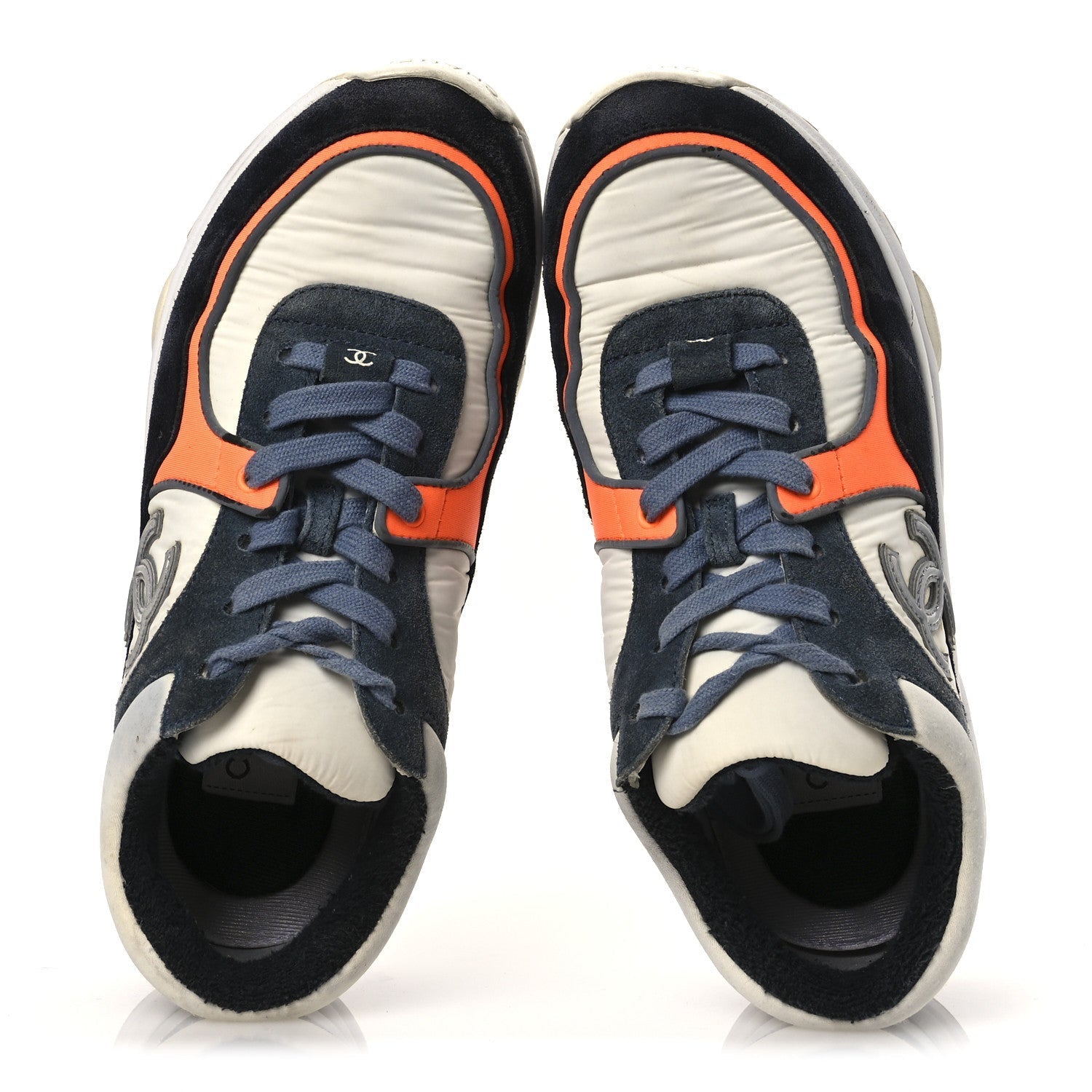 NYLON CALFSKIN SUEDE CC WOMENS SNEAKERS NAVY WHITE ORANGE BLACK