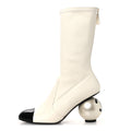 STRETCH LAMBSKIN PATENT CAP TOE PEARL BALL MID CALF BOOTS WHITE BLACK