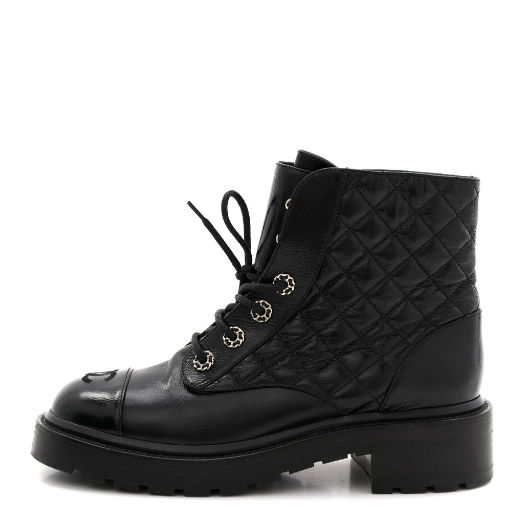 SHINY GOATSKIN CALFSKIN QUILTED LACE UP COMBAT BOOTS BLACK