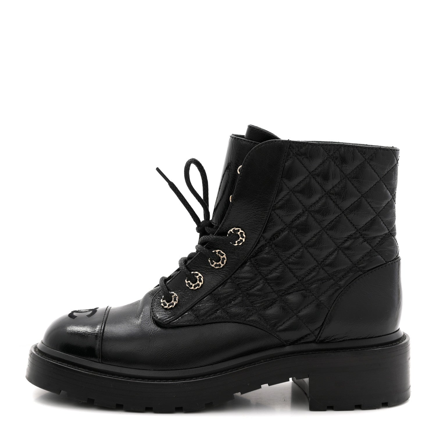 SHINY GOATSKIN CALFSKIN QUILTED LACE UP COMBAT BOOTS BLACK