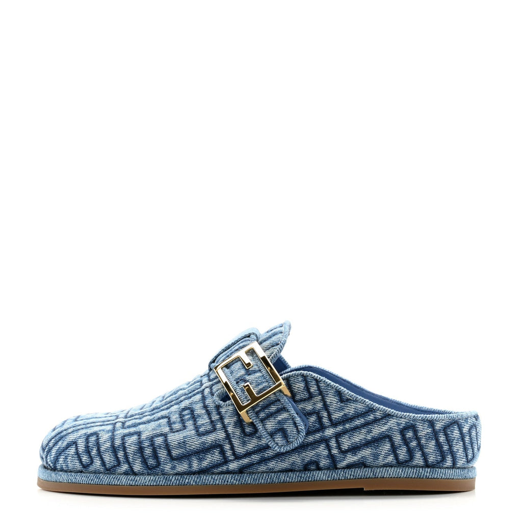 FENDI FEEL FF BUCKLED MULE IN BLUE DENIM JACQUARD