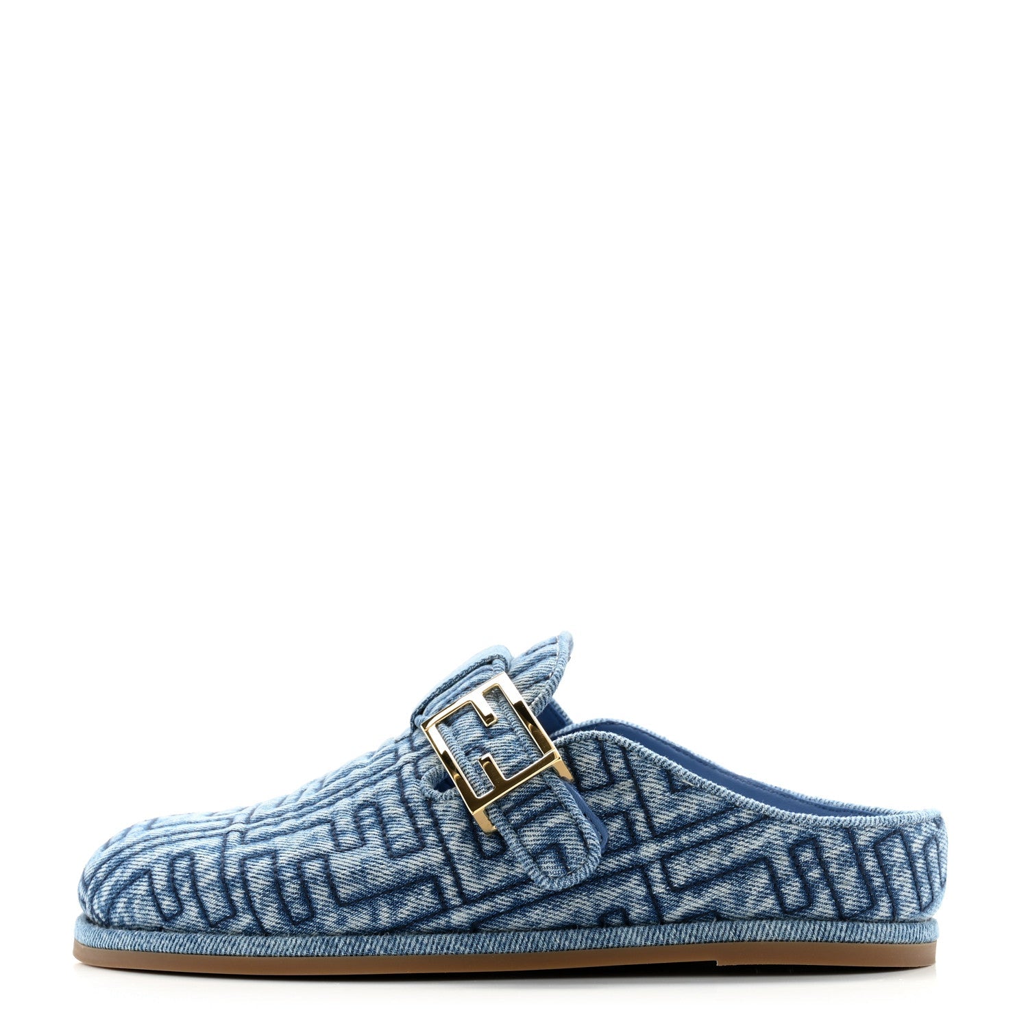 FENDI FEEL FF BUCKLED MULE IN BLUE DENIM JACQUARD