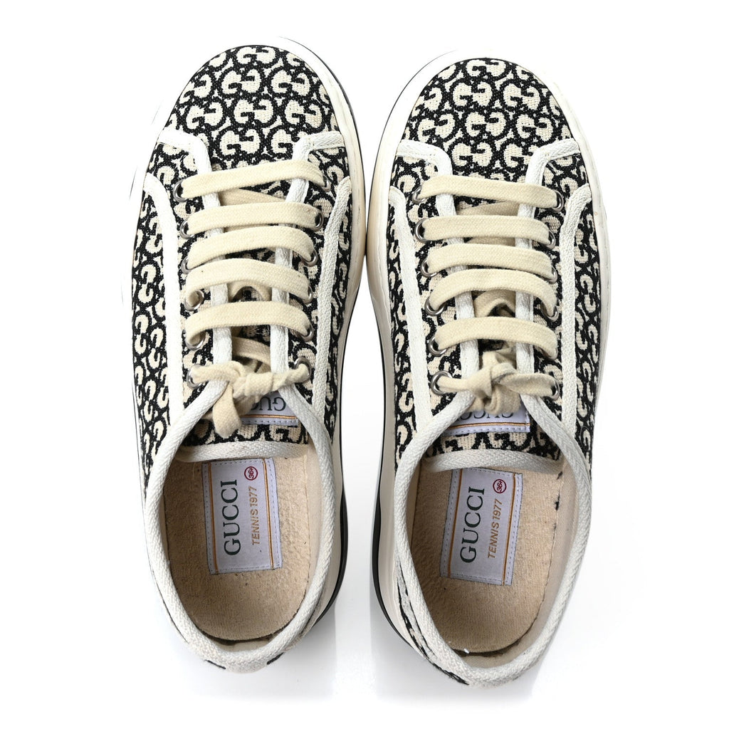 GG MONOGRAM JACQUARD WOMENS 1977 TENNIS PLATFORM 52MM SNEAKERS BLACK MYSTIC WHITE
