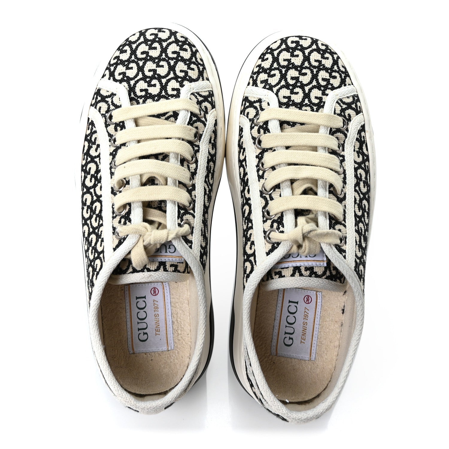 GG MONOGRAM JACQUARD WOMENS 1977 TENNIS PLATFORM 52MM SNEAKERS BLACK MYSTIC WHITE