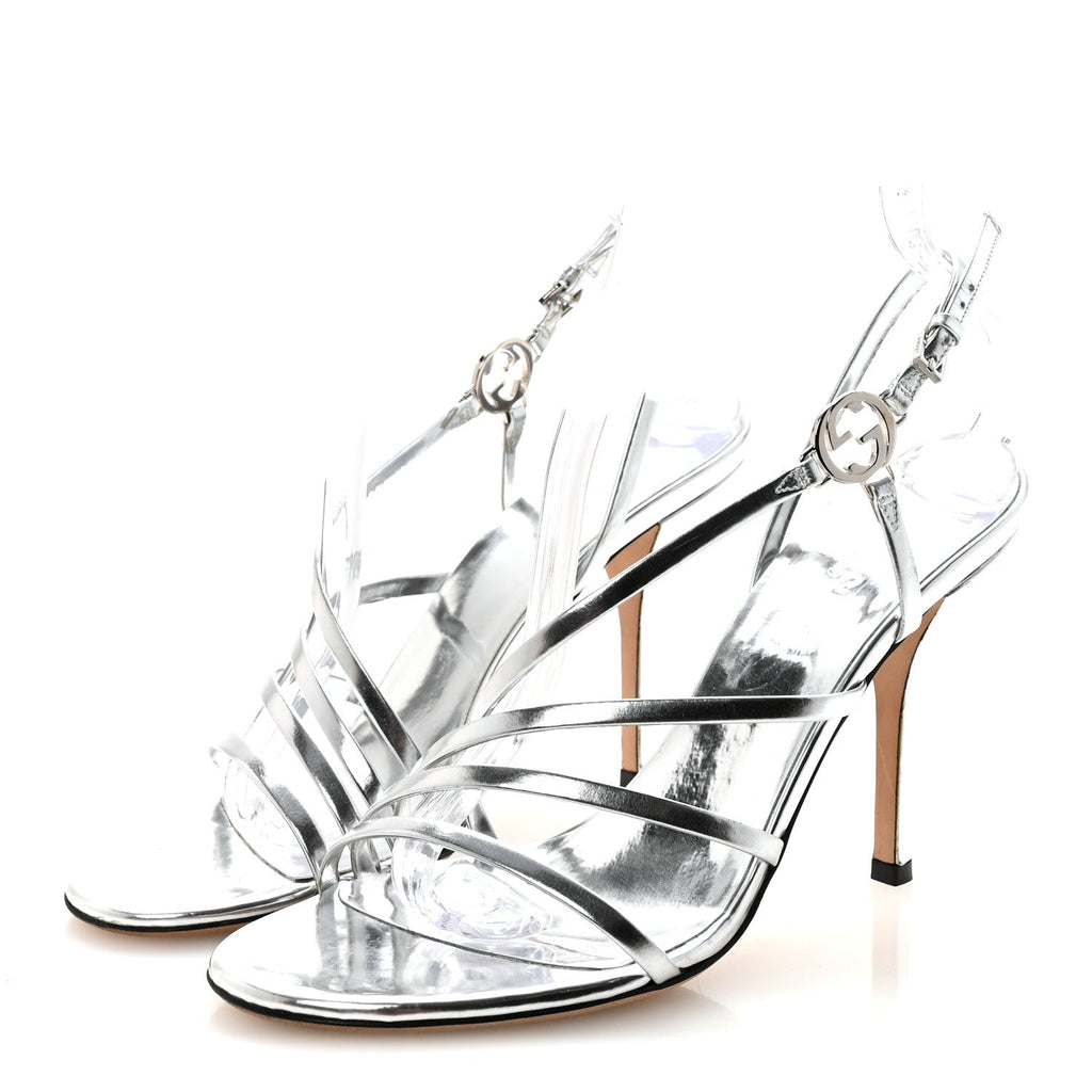 METALLIC CALFSKIN INTERLOCKING G STRAPPY SANDALS SILVER