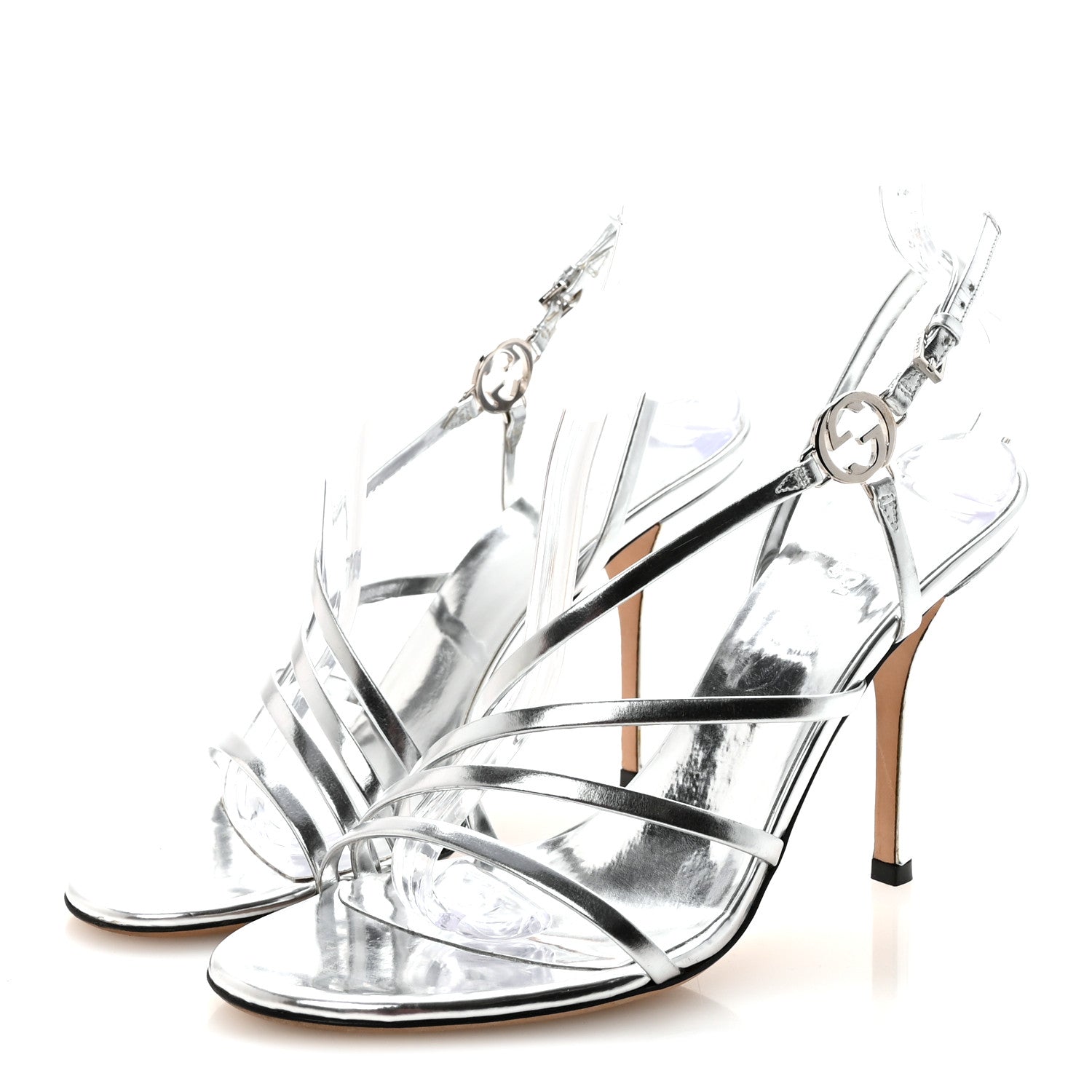 METALLIC CALFSKIN INTERLOCKING G STRAPPY SANDALS SILVER