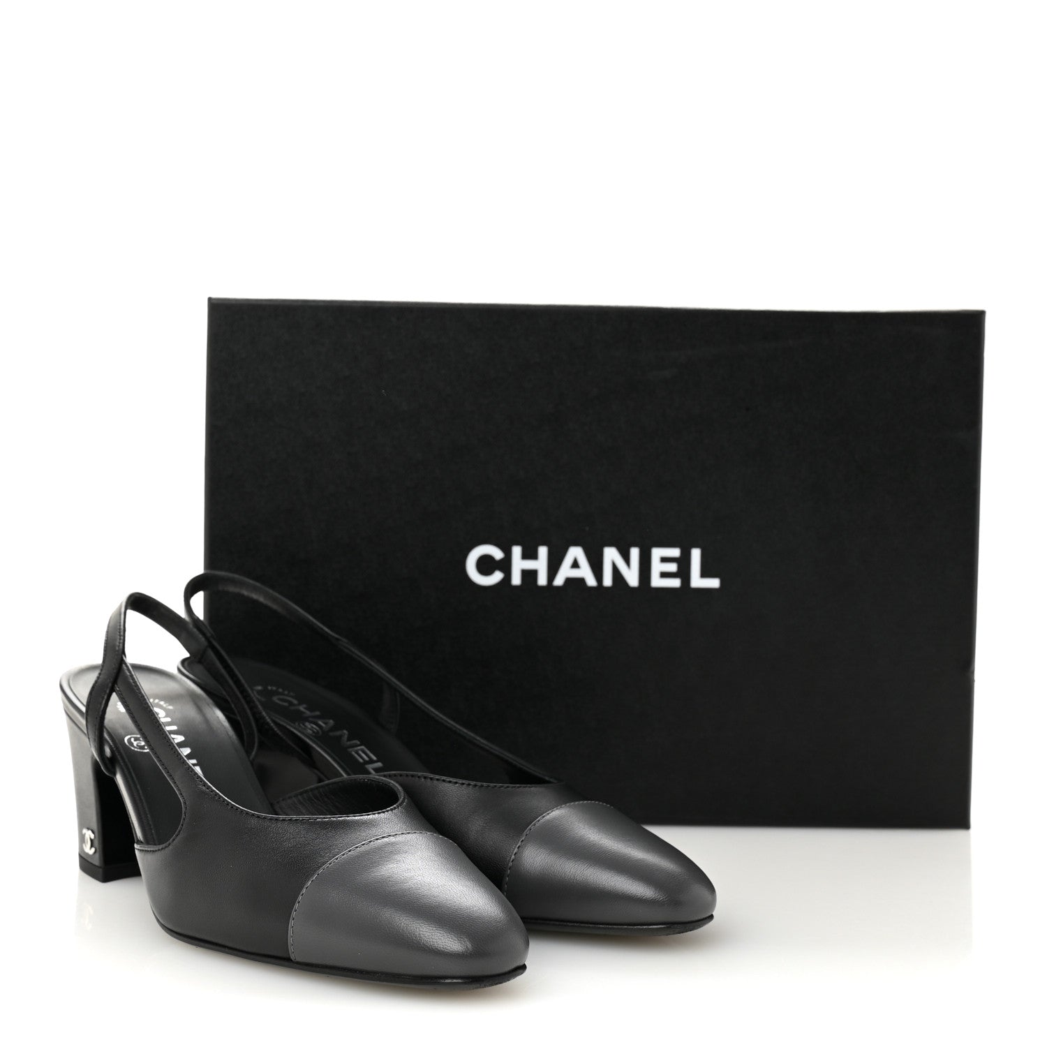 LAMBSKIN CAP TOE CC SLINGBACK PUMPS BLACK DARK GREY