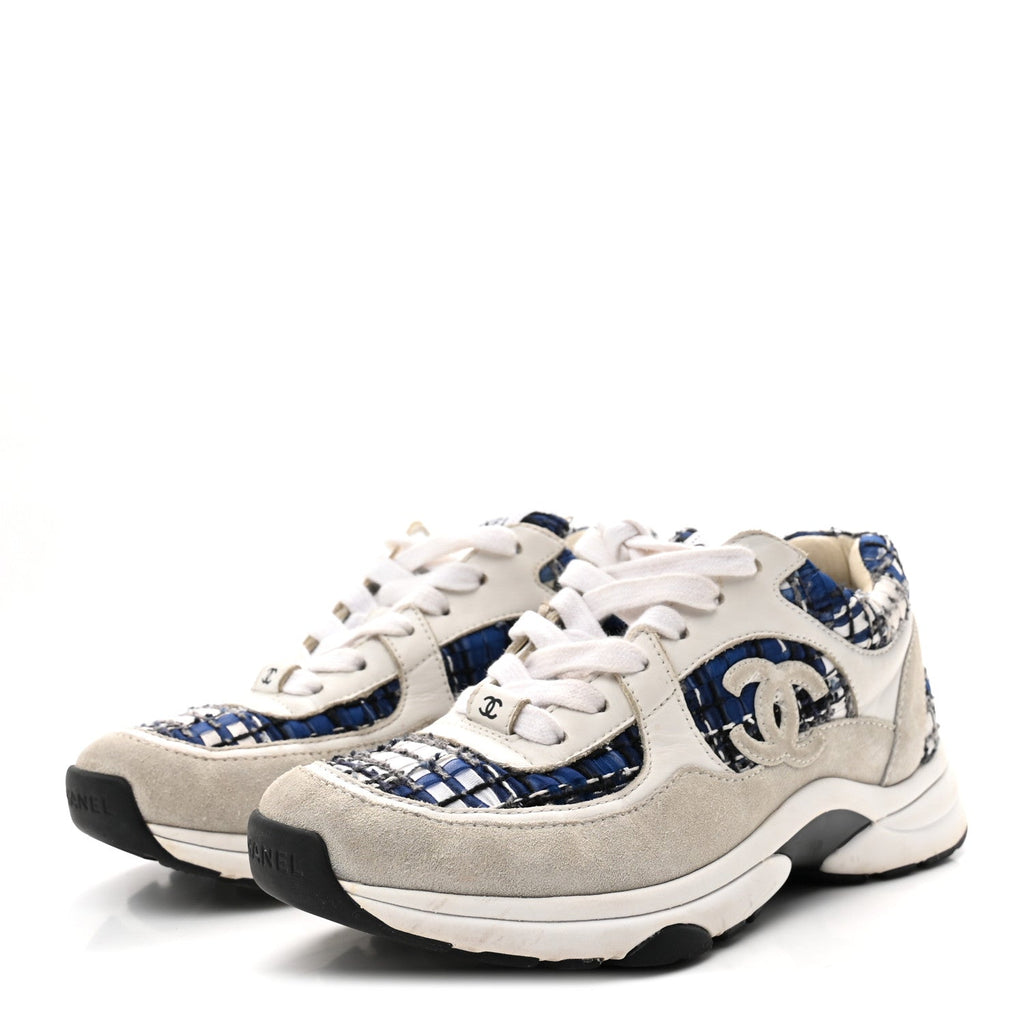 TWEED SUEDE CALFSKIN WOMENS CC SNEAKERS DARK BLUE BLACK GREY WHITE
