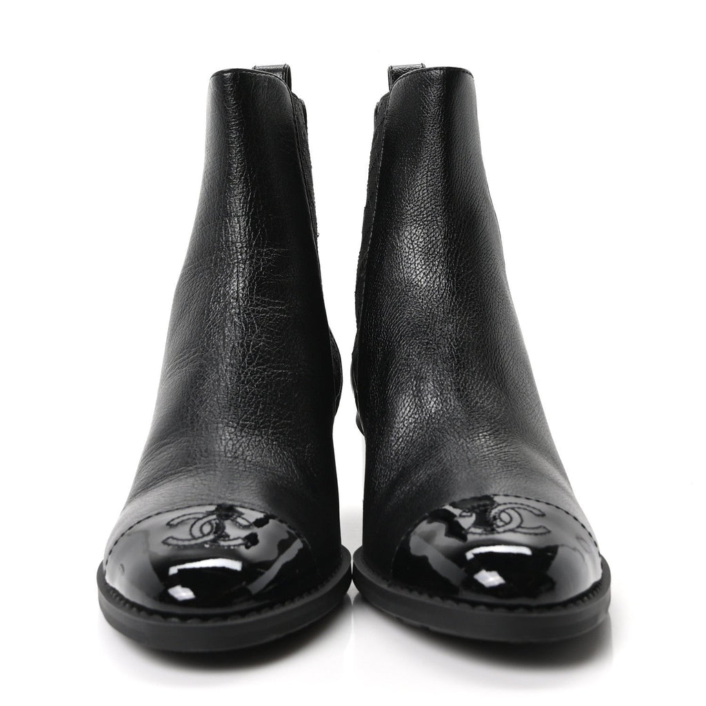 CALFSKIN PATENT CAP TOE CC SHORT BOOTS BLACK