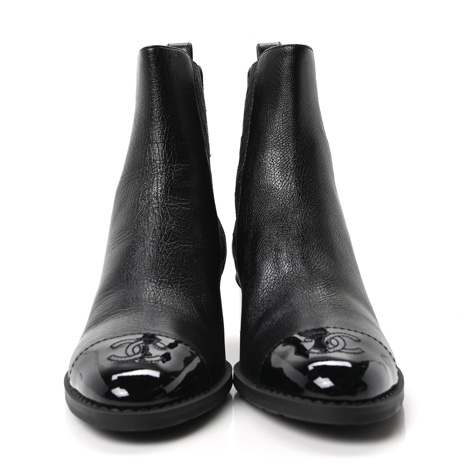 CALFSKIN PATENT CAP TOE CC SHORT BOOTS BLACK