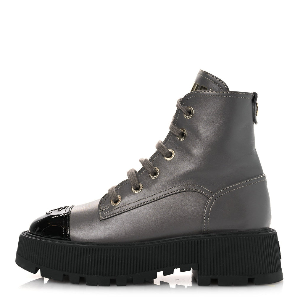 CALFSKIN PATENT CALFSKIN CC LACE UP COMBAT BOOTS GRAY BLACK