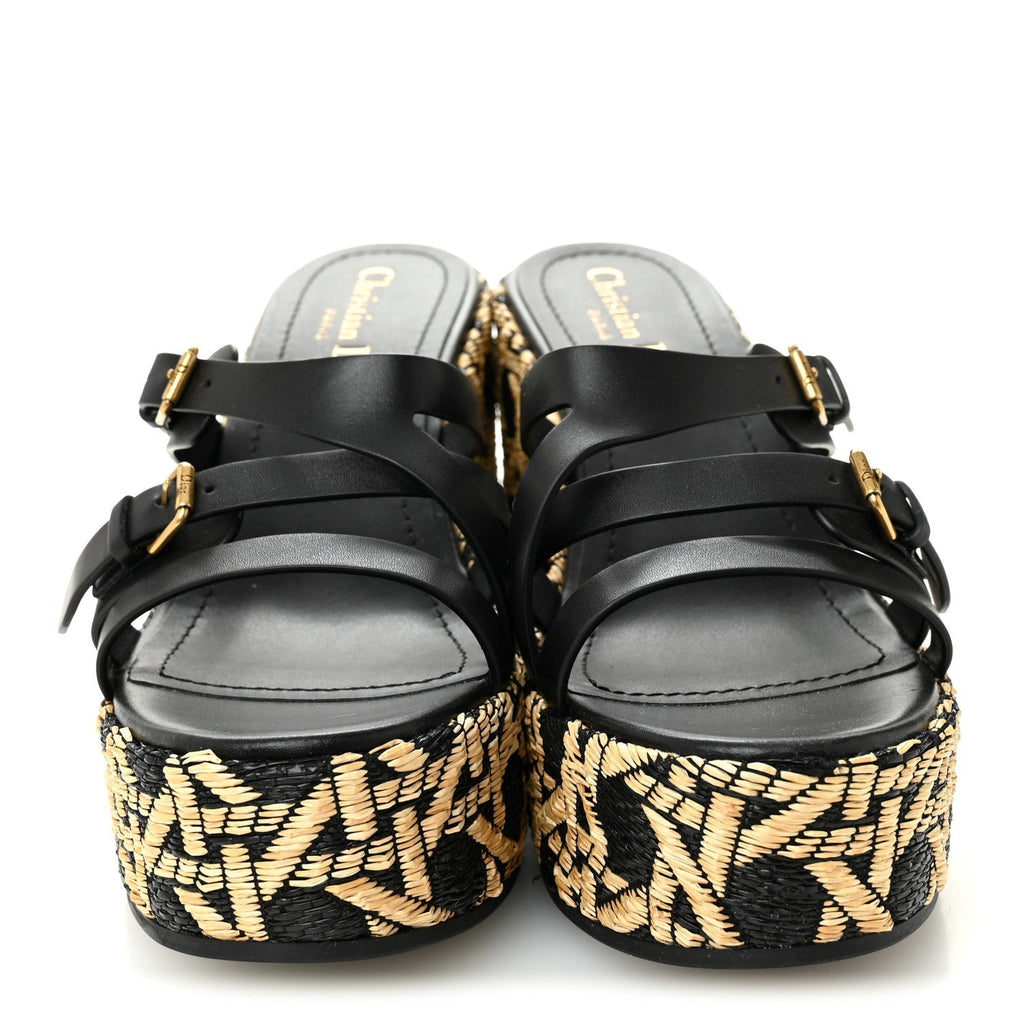 RAFFIA CALFSKIN L'AMAZONE WEDGE SANDALS BLACK NATURAL