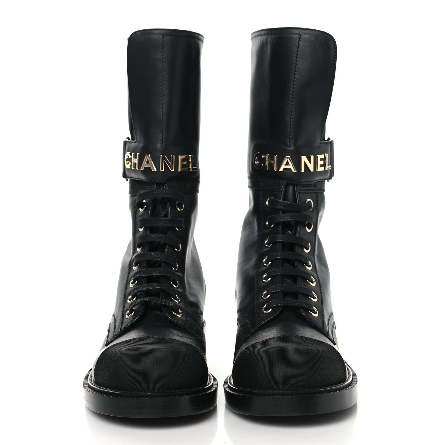 SHINY CALFSKIN GROSGRAIN LACE UP COMBAT BOOTS BLACK