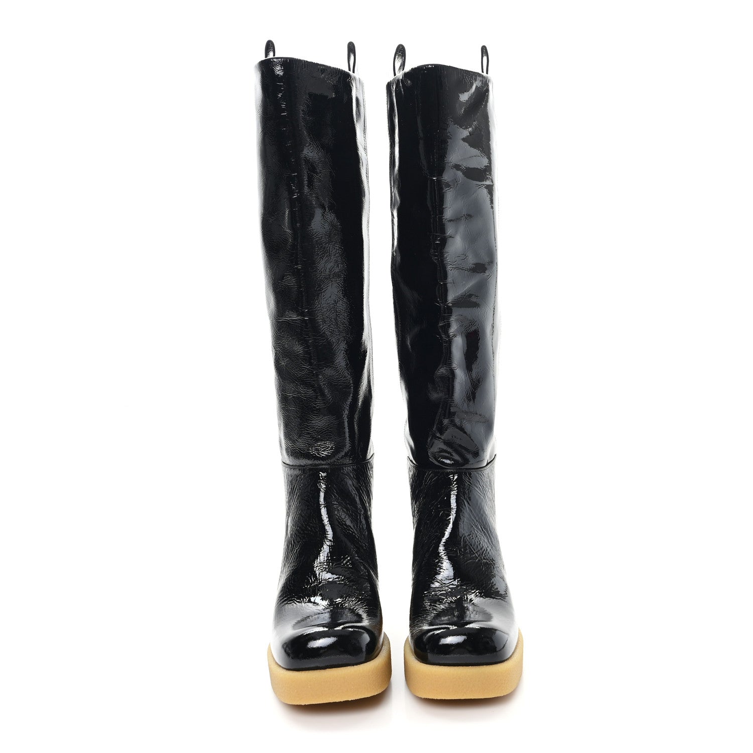 CRINKLED PATENT CALFSKIN KNEE HIGH BOOTS BLACK