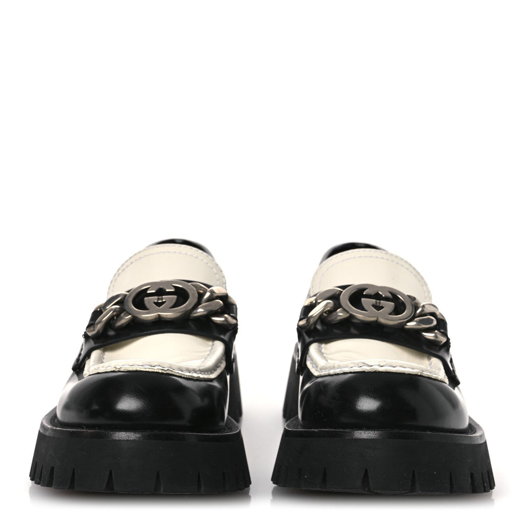 CORDOVAN LUX WOMENS INTERLOCKING G PLATFORM LUG SOLE LOAFERS BLACK OFF WHITE