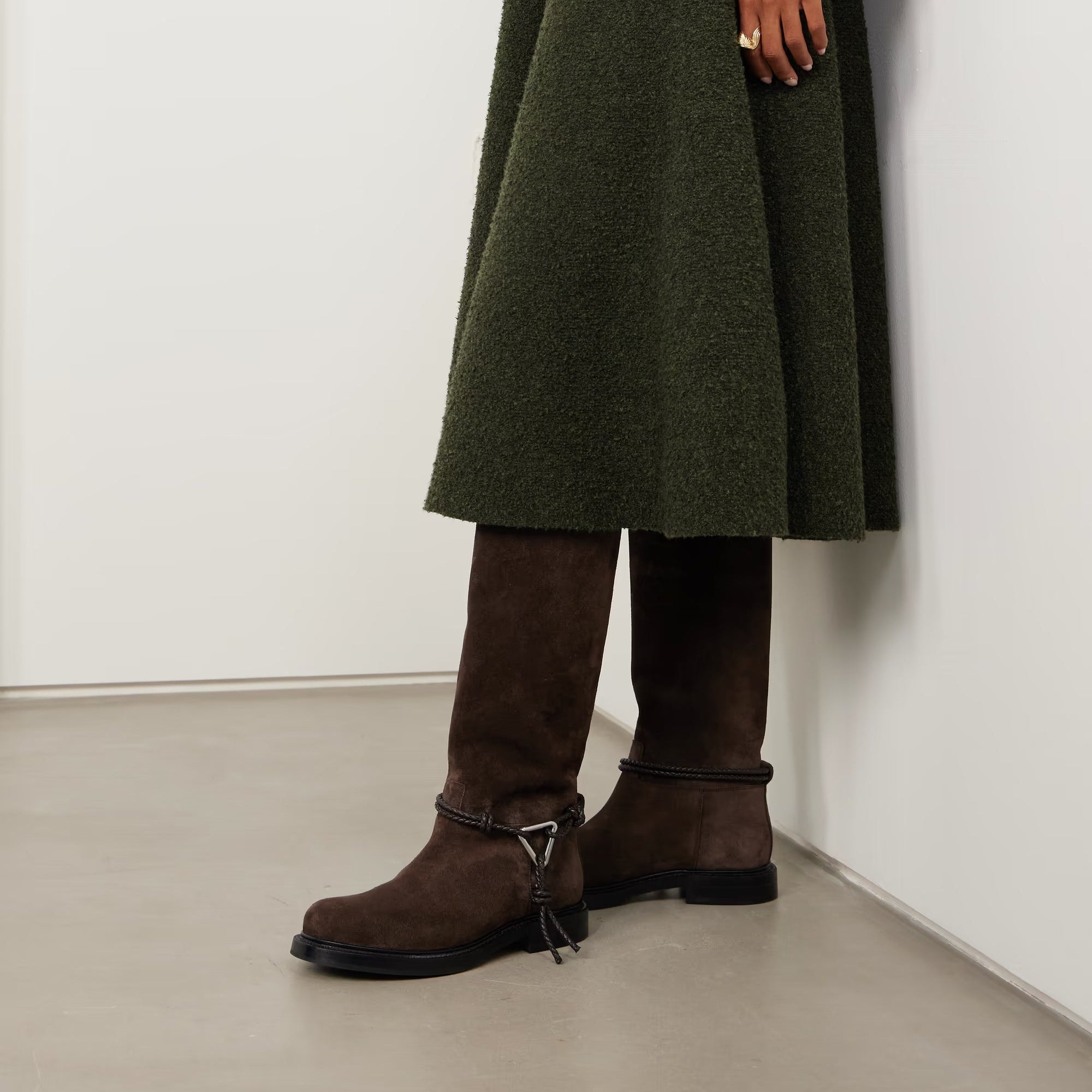BOTTEGA VENETA JAMES INTRECCIATO LEATHER-TRIMMED SUEDE KNEE BOOTS
