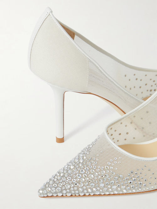 JIMMY CHOO LOVE 85 CRYSTAL-EMBELLISHED LEATHER-TRIMMED MESH PUMPS WHITE
