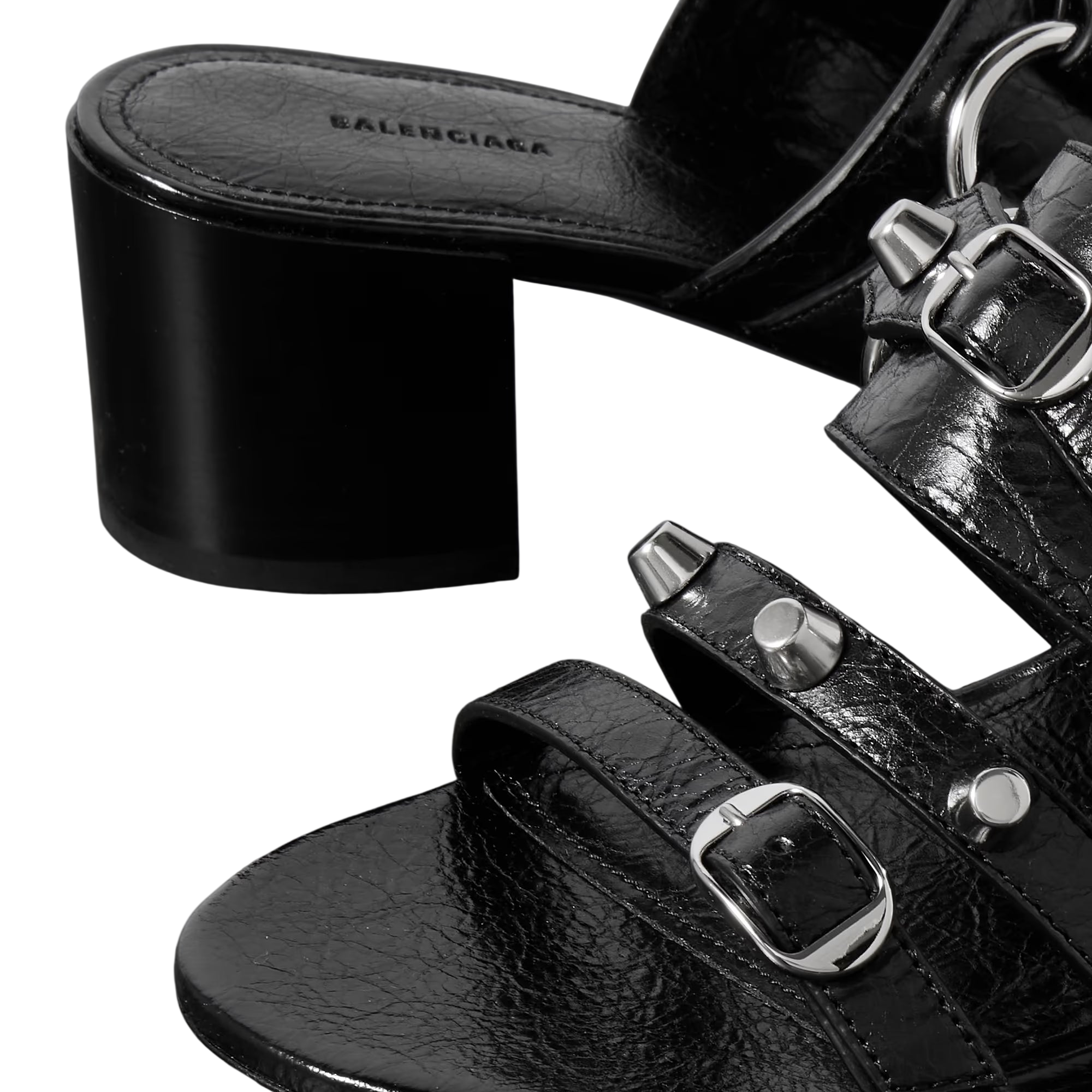 BALENCIAGA CITY EMBELLISHED CRINKLED LEATHER MULES