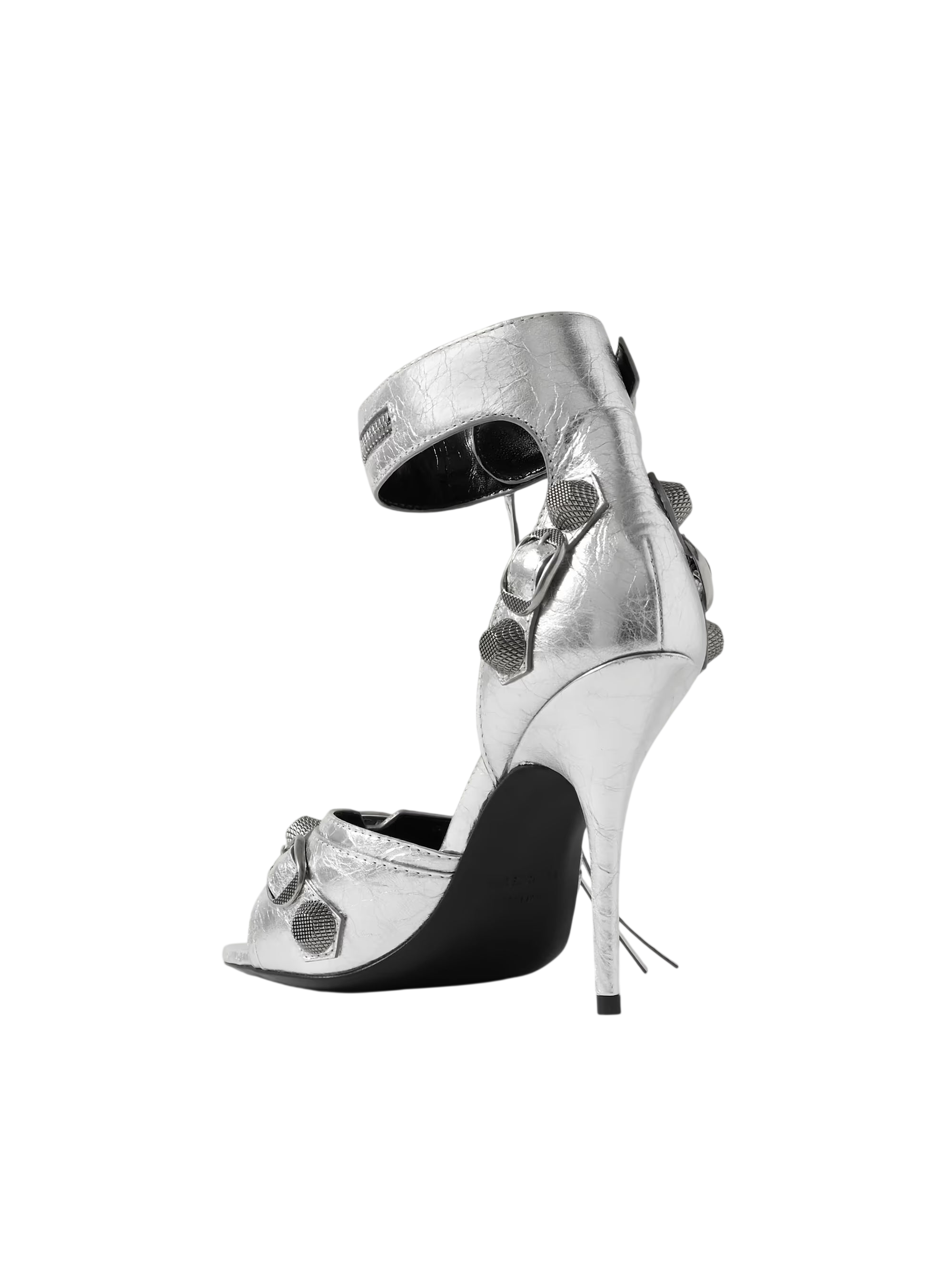 BALENCIAGA CAGOLE EMBELLISHED METALLIC CRINKLED-LEATHER SANDALS